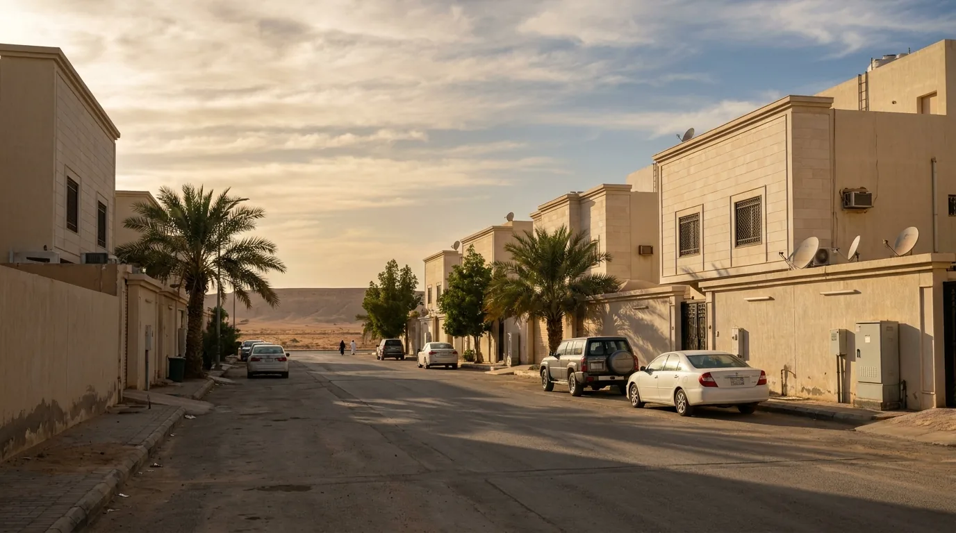 شارع سكني هادئ فيه منازل منخفضة بلون الرمل ونخيل وسيارات متوقفة، تحت سماء العصر.