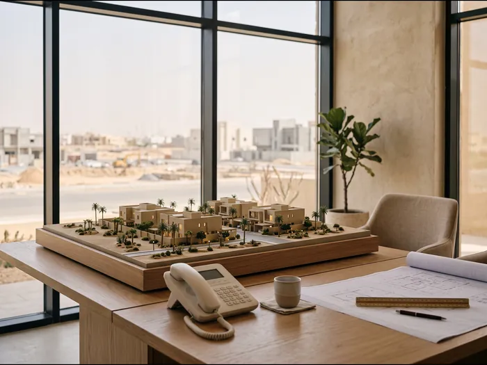 مجسّم لمشروع سكني على مكتب بجانب مخططات ومسطرة وهاتف مكتبي، وخلفه نافذة تطل على موقع إنشاء.